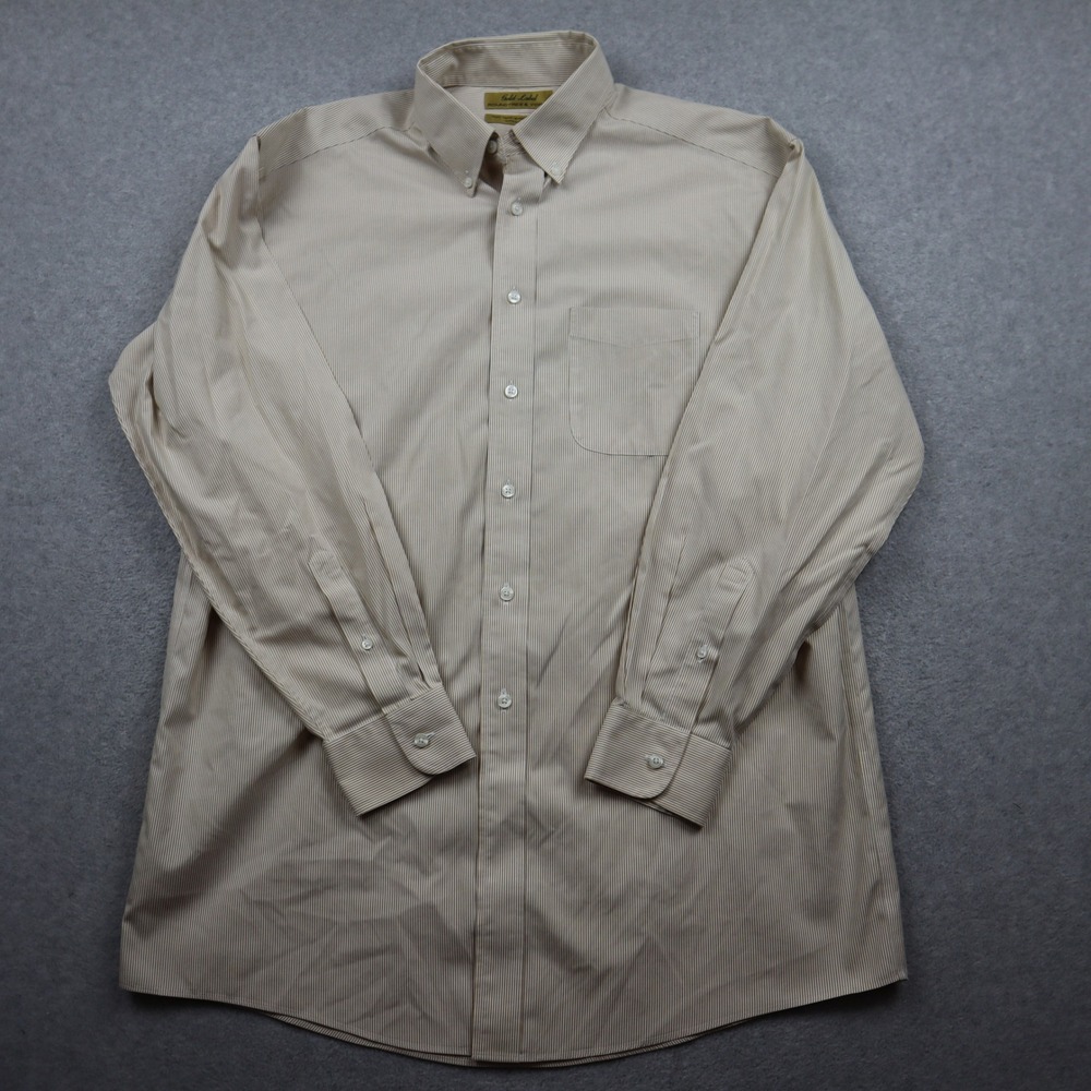 Roundtree & Yorke Button Down Shirt Mens 16-34 Gold Label Pinpoint Tan Striped